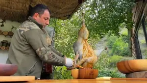 غذای روستایی آذربایجان با کباب شترمرغ کامل در تنور