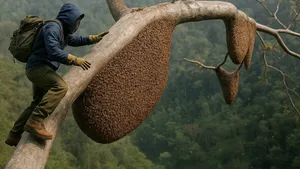 تجربه برداشت عسل از کندوی زنبورهای وحشی بدون ترس